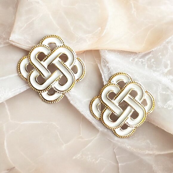 Private Label Jewelry - NEW Catherine Gold and White Enamel Woven Celtic Scroll Earrings